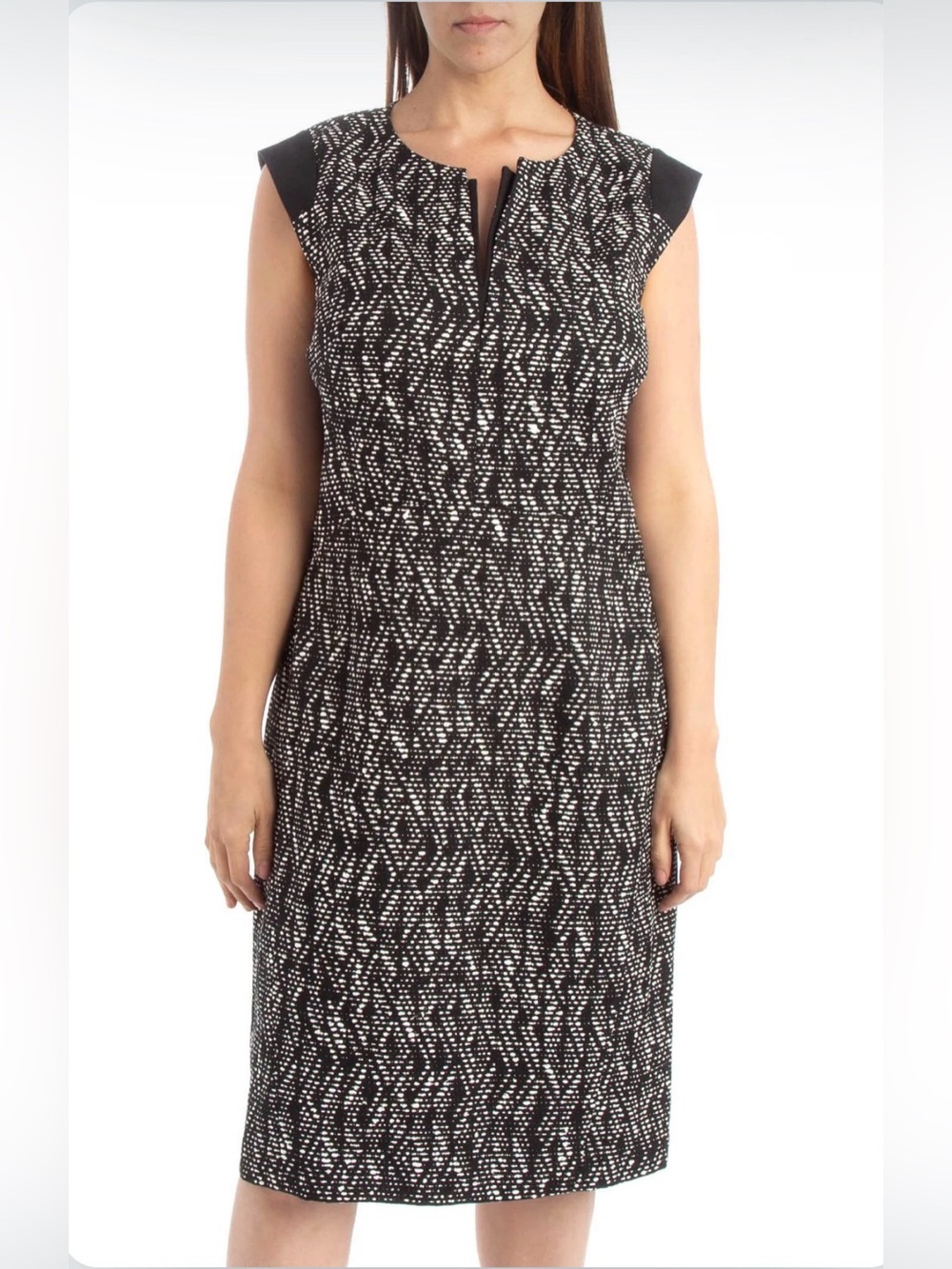 LAFAYETTE 148 Classic Black Patterned Cap-Sleeve Wool Blend Sheath Dress